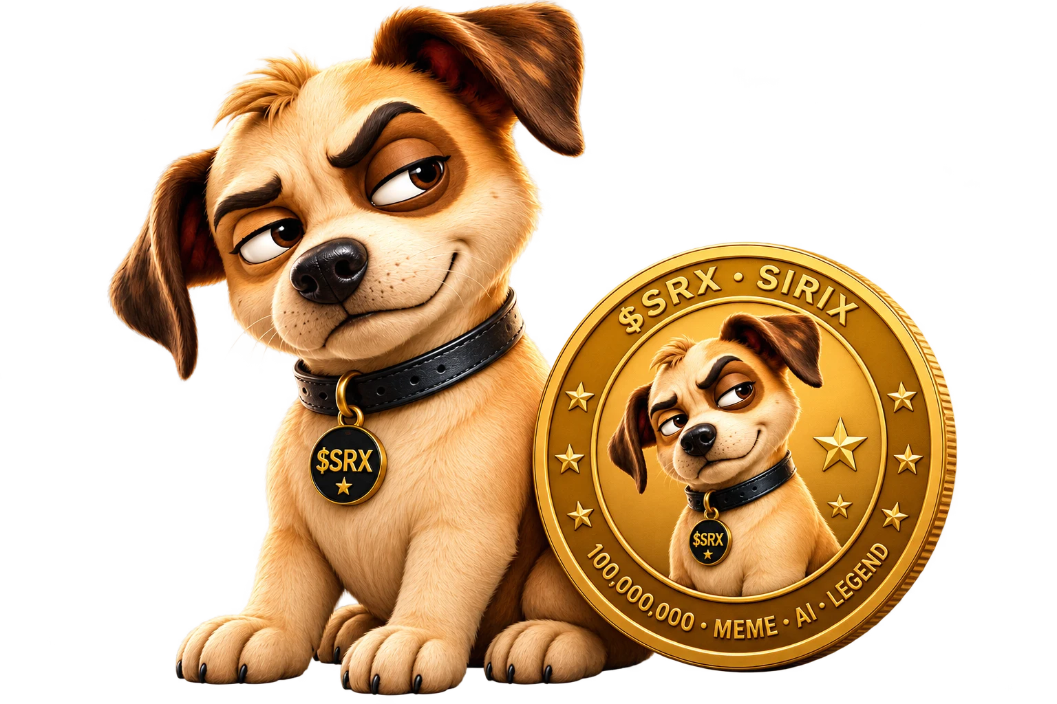 SIRIX, the suspicious dog, sitting beside a gold SRX coin