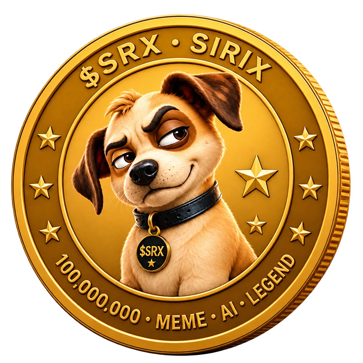 Gold SIRIX coin featuring the suspicious dog and a fixed supply of 100 million SRX